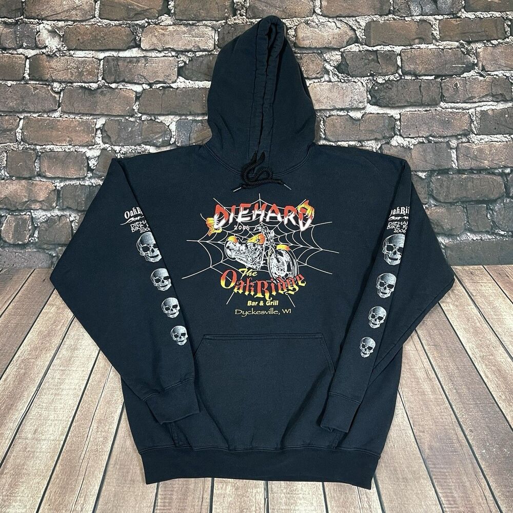 Vintage 2006 Oak Ridge Die Hard Biker Motorcycle Skull Hoodie Sweatshirt Size L